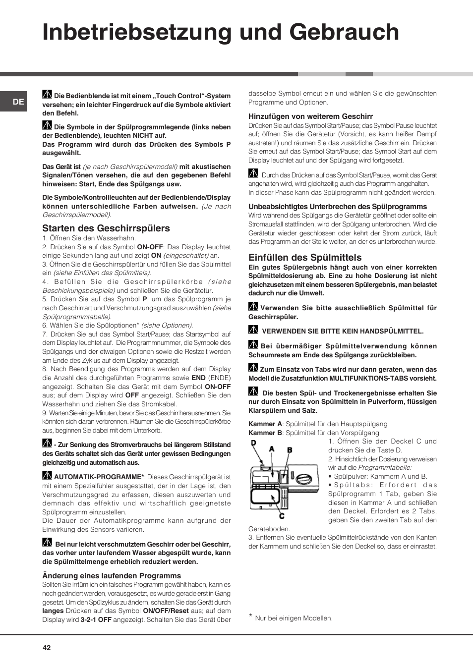 Inbetriebsetzung und gebrauch, Starten des geschirrspülers, Einfüllen des spülmittels | Hotpoint Ariston PFT 8H4X.R User Manual | Page 42 / 84