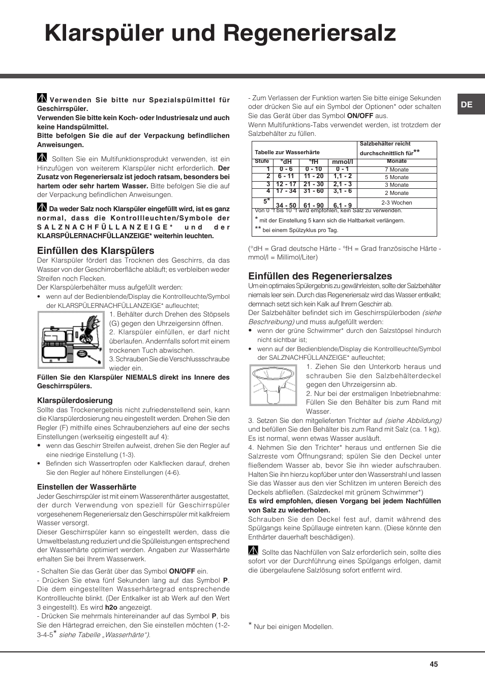 Klarspüler und regeneriersalz, Einfüllen des klarspülers, Einfüllen des regeneriersalzes | Hotpoint Ariston PFT 8H4X.R User Manual | Page 45 / 84
