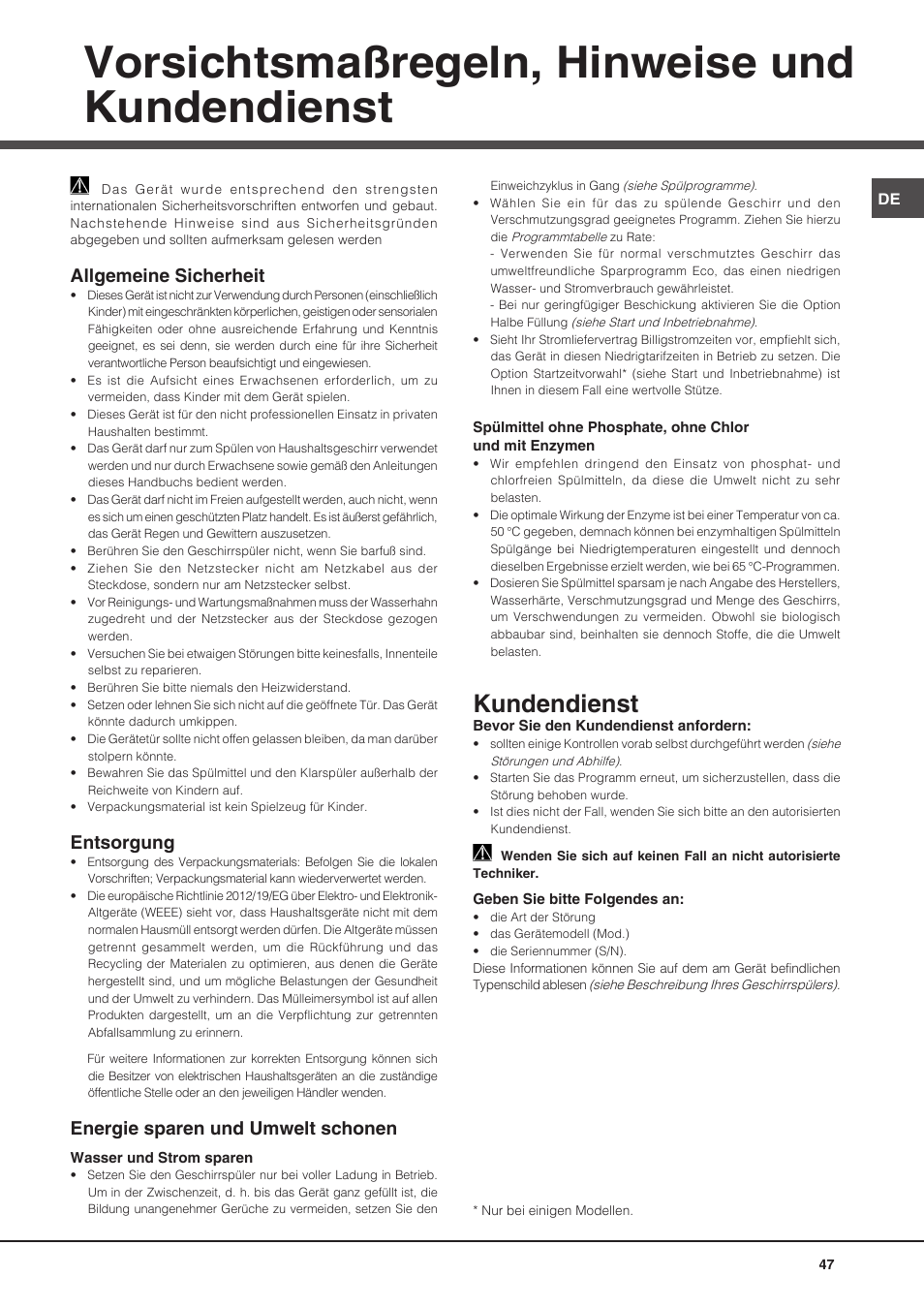 Vorsichtsmaßregeln, hinweise und kundendienst, Kundendienst, Allgemeine sicherheit | Entsorgung, Energie sparen und umwelt schonen | Hotpoint Ariston PFT 8H4X.R User Manual | Page 47 / 84