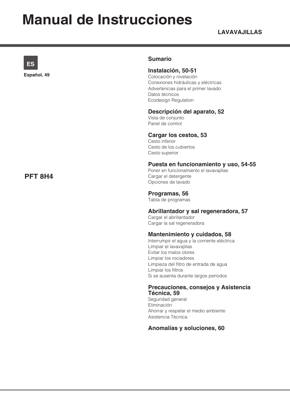 Pft 8h4_es, Manual de instrucciones | Hotpoint Ariston PFT 8H4X.R User Manual | Page 49 / 84