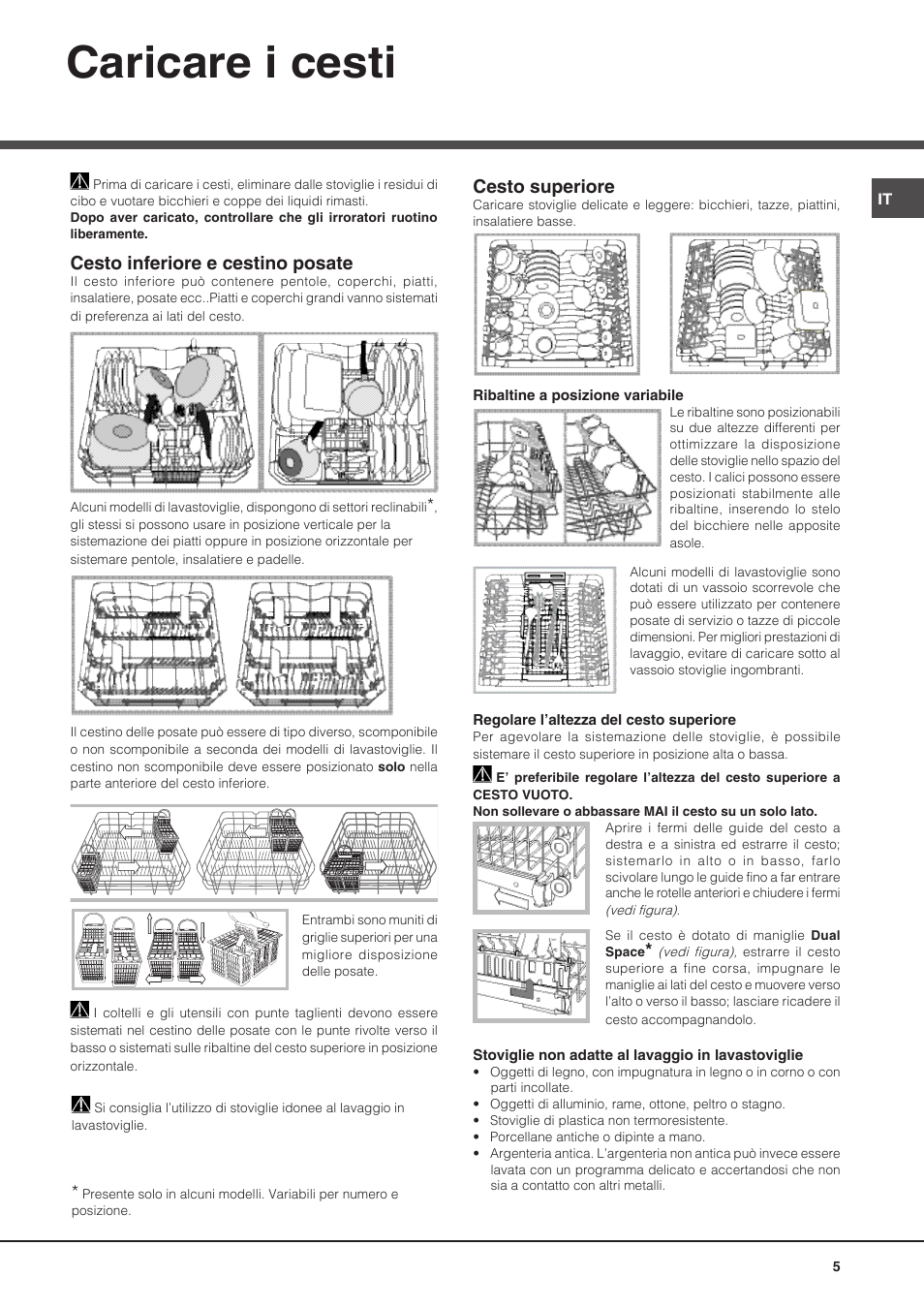 Caricare i cesti, Cesto inferiore e cestino posate, Cesto superiore | Hotpoint Ariston PFT 8H4X.R User Manual | Page 5 / 84