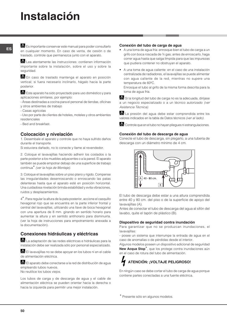 Instalación, Colocación y nivelación, Conexiones hidráulicas y eléctricas | Hotpoint Ariston PFT 8H4X.R User Manual | Page 50 / 84