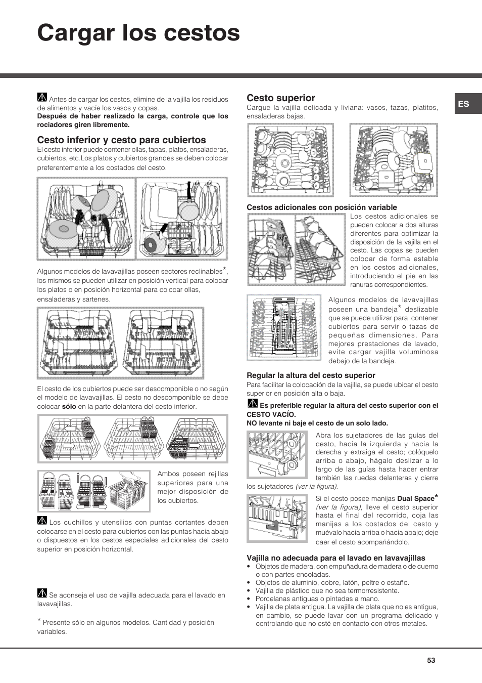 Cargar los cestos, Cesto inferior y cesto para cubiertos, Cesto superior | Hotpoint Ariston PFT 8H4X.R User Manual | Page 53 / 84