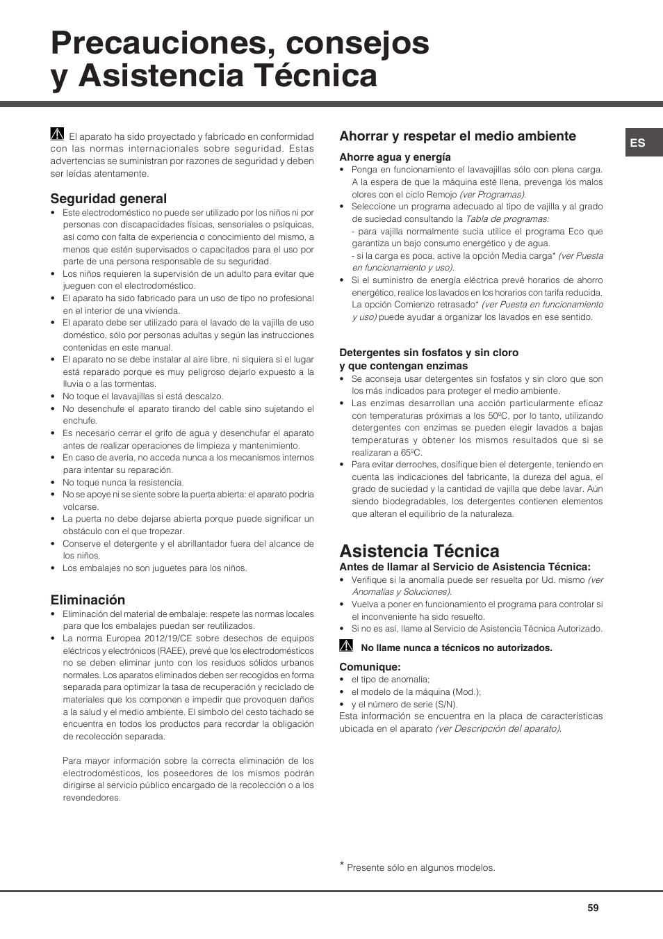 Precauciones, consejos y asistencia técnica, Asistencia técnica, Seguridad general | Eliminación, Ahorrar y respetar el medio ambiente | Hotpoint Ariston PFT 8H4X.R User Manual | Page 59 / 84