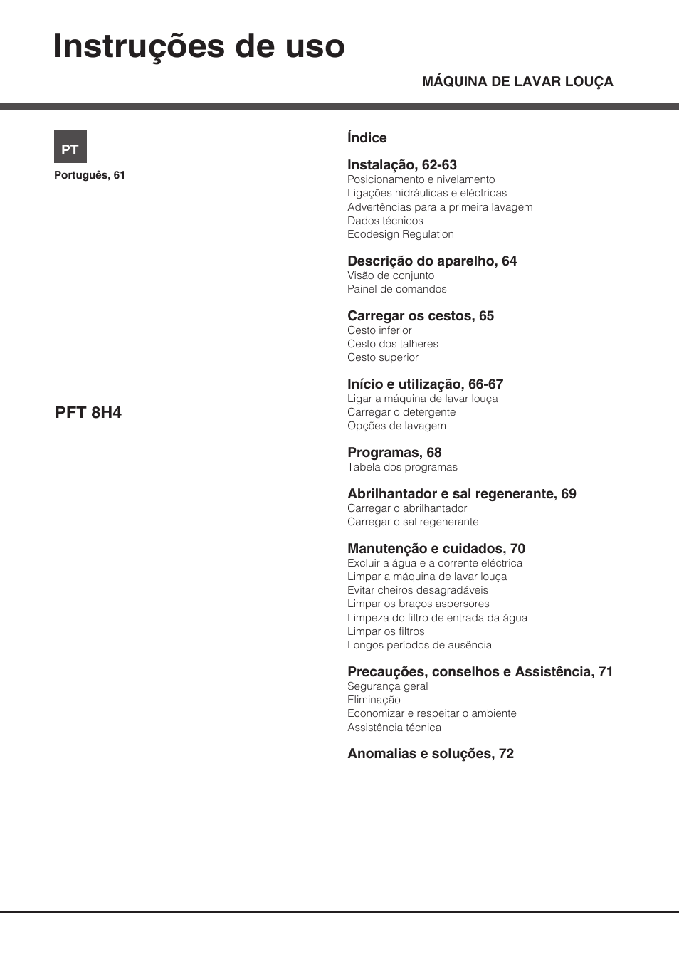 Pft 8h4_pt, Instruções de uso | Hotpoint Ariston PFT 8H4X.R User Manual | Page 61 / 84