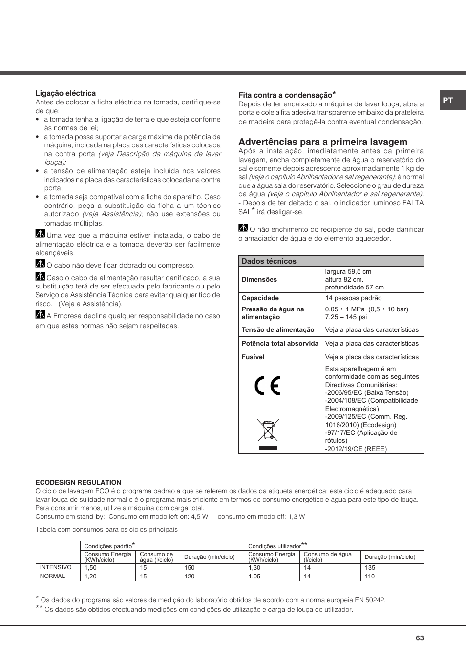 Advertências para a primeira lavagem | Hotpoint Ariston PFT 8H4X.R User Manual | Page 63 / 84