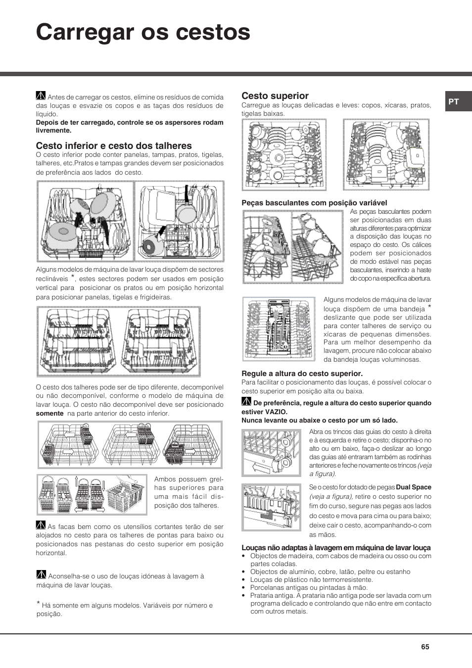 Carregar os cestos, Cesto inferior e cesto dos talheres, Cesto superior | Hotpoint Ariston PFT 8H4X.R User Manual | Page 65 / 84