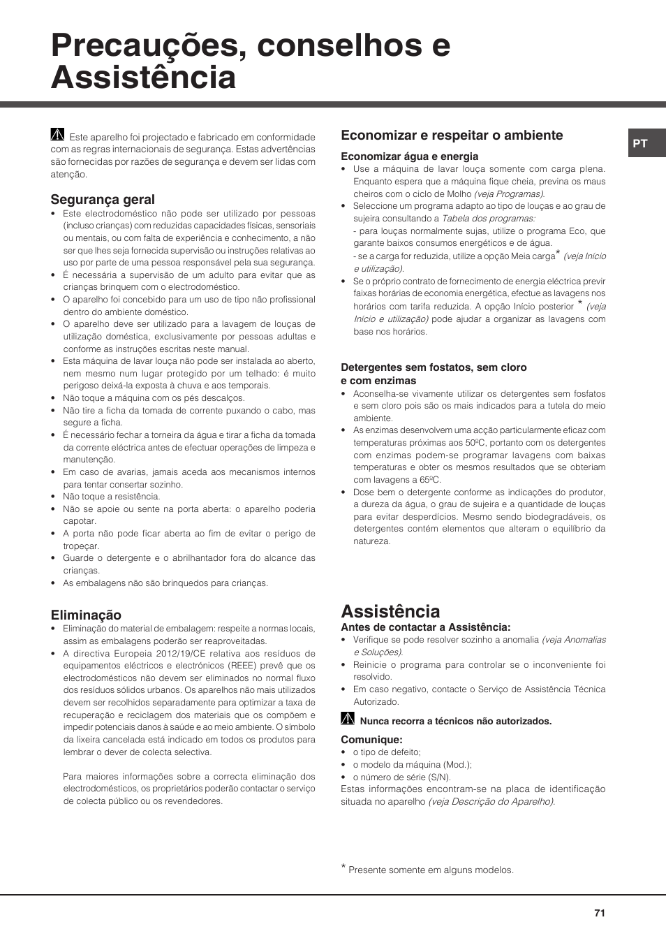 Precauções, conselhos e assistência, Assistência, Segurança geral | Eliminação, Economizar e respeitar o ambiente | Hotpoint Ariston PFT 8H4X.R User Manual | Page 71 / 84