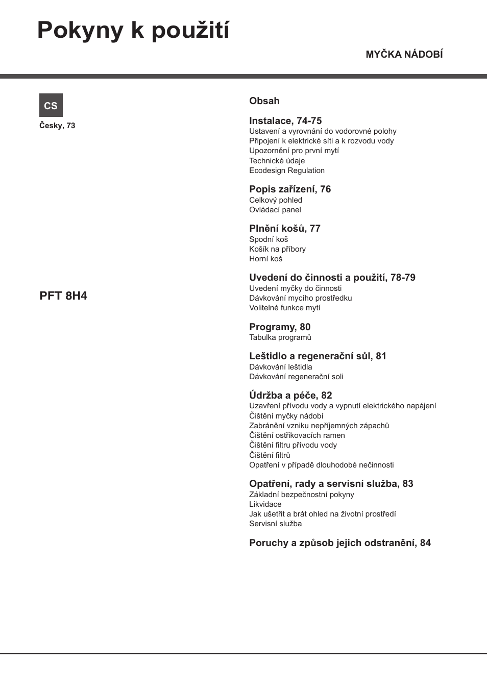 Pft 8h4_cs, Pokyny k použití, Pft 8h4 | Hotpoint Ariston PFT 8H4X.R User Manual | Page 73 / 84