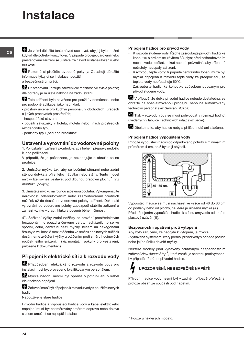 Instalace, Ustavení a vyrovnání do vodorovné polohy, Připojení k elektrické síti a k rozvodu vody | Hotpoint Ariston PFT 8H4X.R User Manual | Page 74 / 84