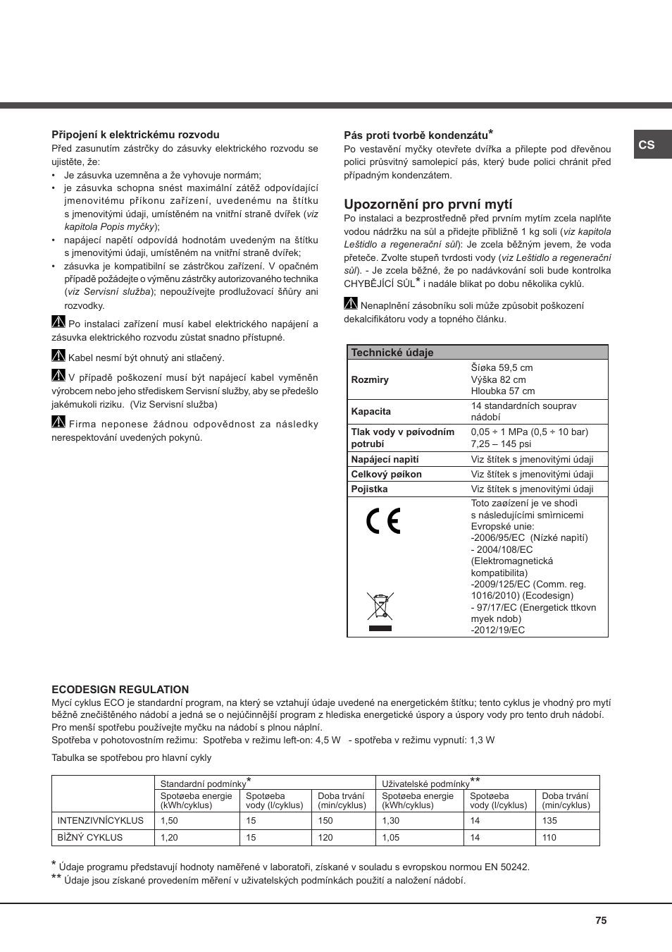 Upozornění pro první mytí | Hotpoint Ariston PFT 8H4X.R User Manual | Page 75 / 84