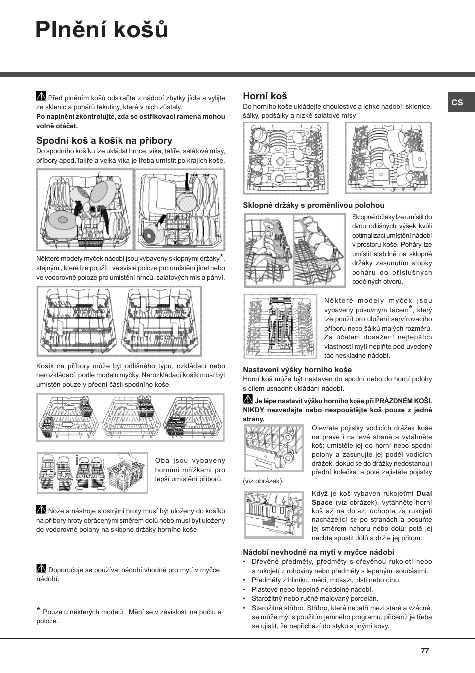 Plnění košů, Spodní koš a košík na příbory, Horní koš | Hotpoint Ariston PFT 8H4X.R User Manual | Page 77 / 84