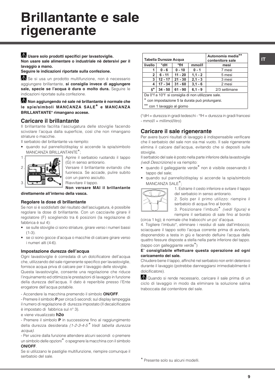 Brillantante e sale rigenerante, Caricare il brillantante, Caricare il sale rigenerante | Hotpoint Ariston PFT 8H4X.R User Manual | Page 9 / 84