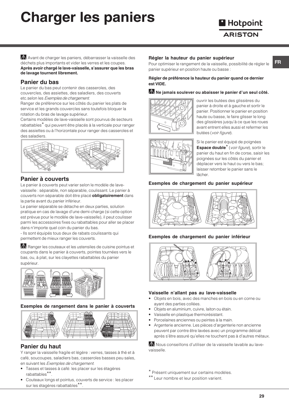 Charger les paniers, Panier du bas, Panier à couverts | Panier du haut | Hotpoint Ariston LFT 216 User Manual | Page 29 / 84