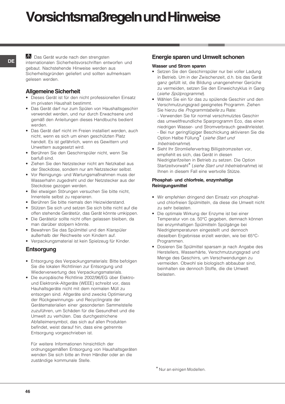 Vorsichtsmaßregeln und hinweise, Allgemeine sicherheit, Entsorgung | Energie sparen und umwelt schonen | Hotpoint Ariston LFT 216 User Manual | Page 46 / 84