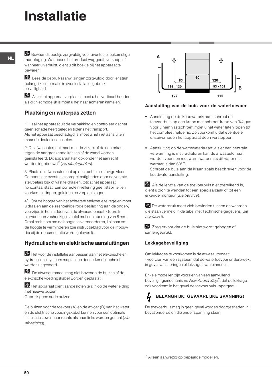 Installatie, Plaatsing en waterpas zetten, Hydraulische en elektrische aansluitingen | Hotpoint Ariston LFT 216 User Manual | Page 50 / 84