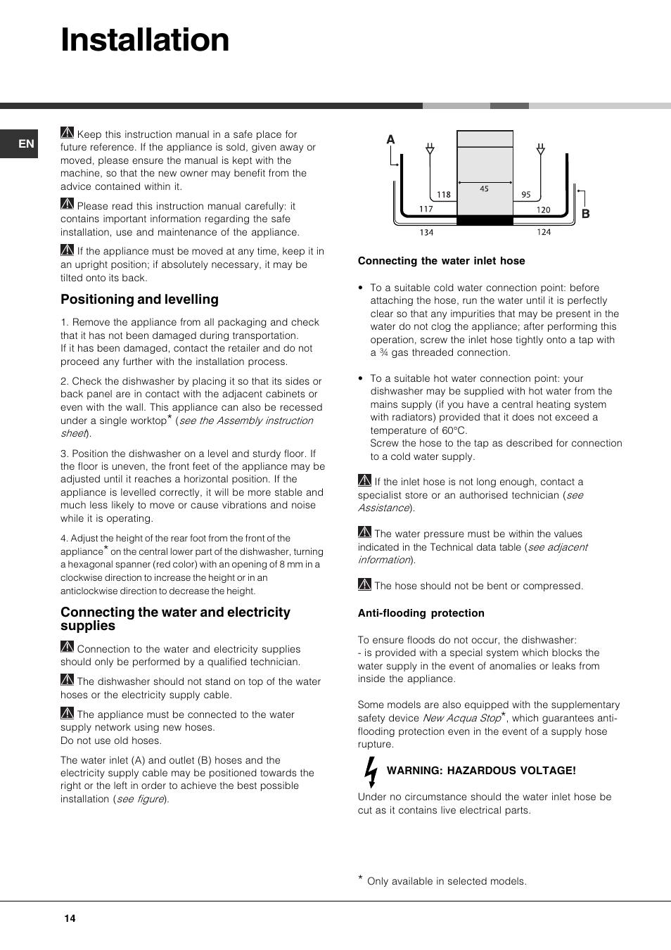 Installation, Positioning and levelling, Connecting the water and electricity supplies | Hotpoint Ariston LST 328 User Manual | Page 14 / 84