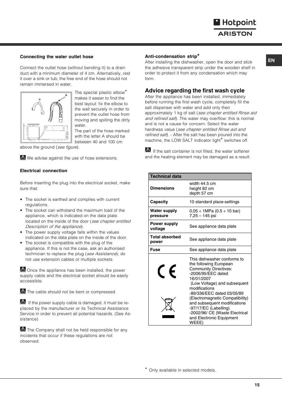 Advice regarding the first wash cycle | Hotpoint Ariston LST 328 User Manual | Page 15 / 84