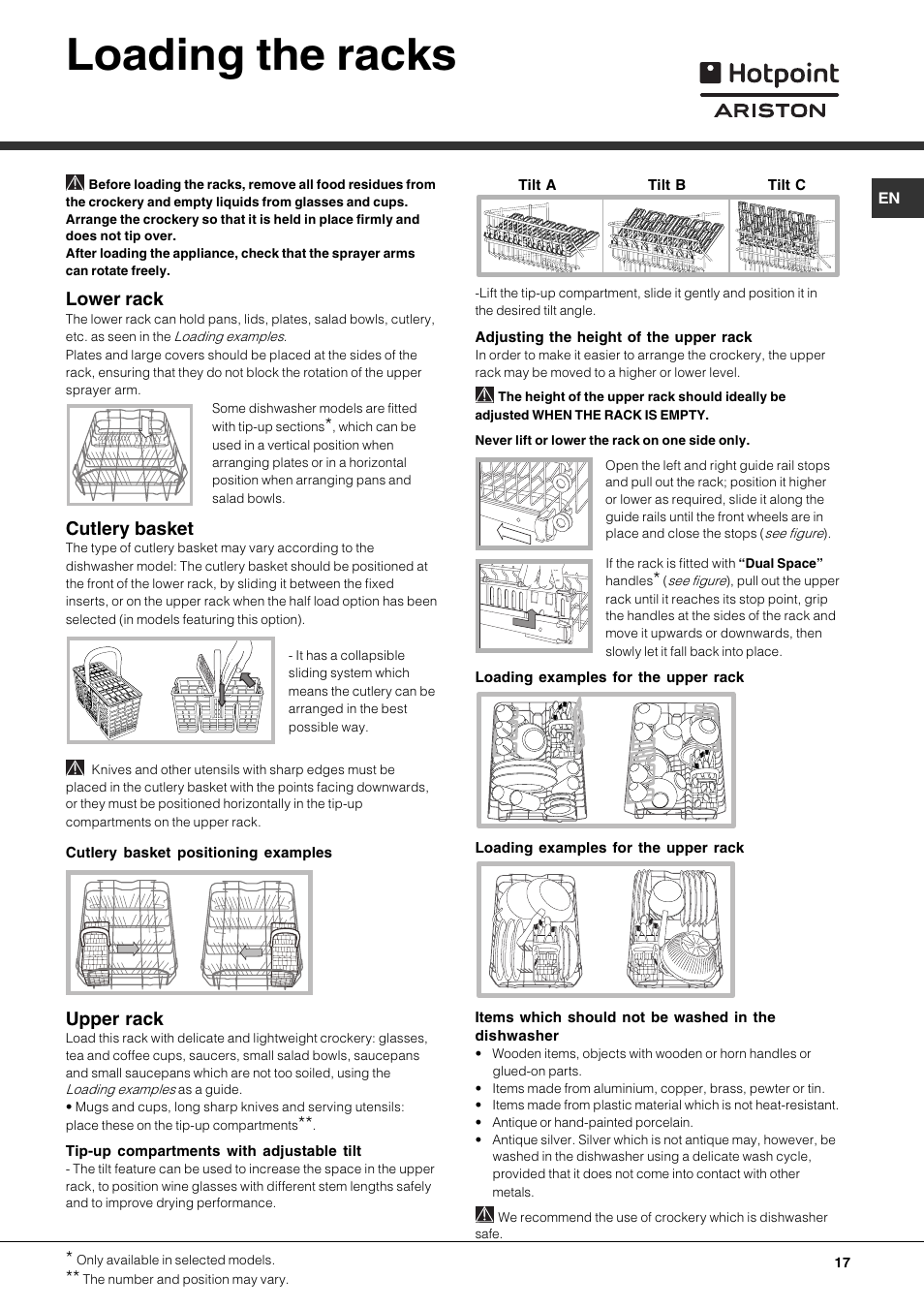 Loading the racks, Lower rack, Cutlery basket | Upper rack | Hotpoint Ariston LST 328 User Manual | Page 17 / 84