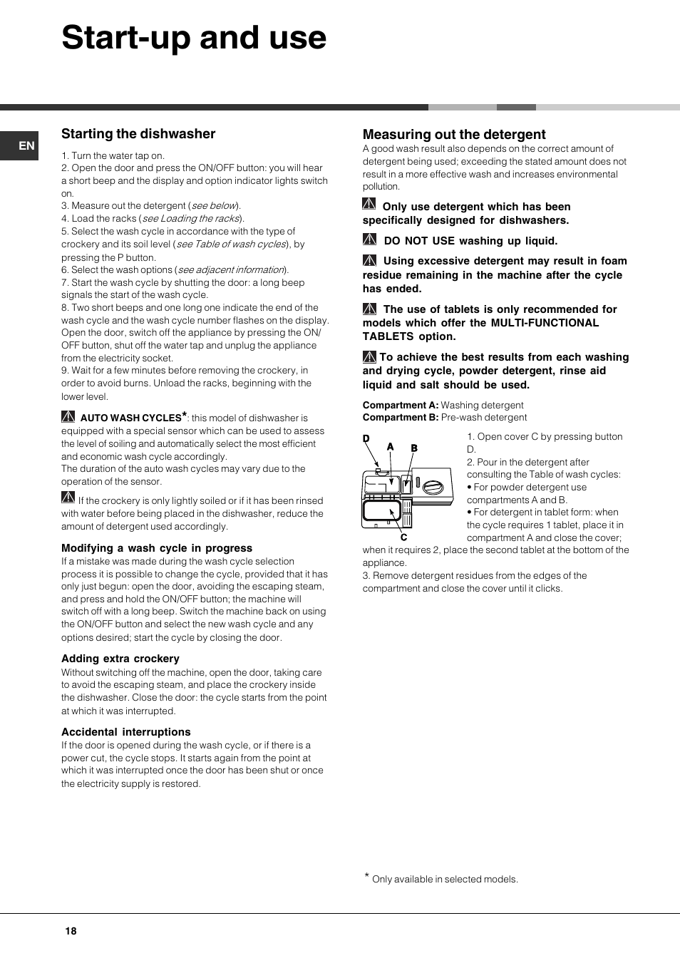 Start-up and use, Starting the dishwasher, Measuring out the detergent | Hotpoint Ariston LST 328 User Manual | Page 18 / 84