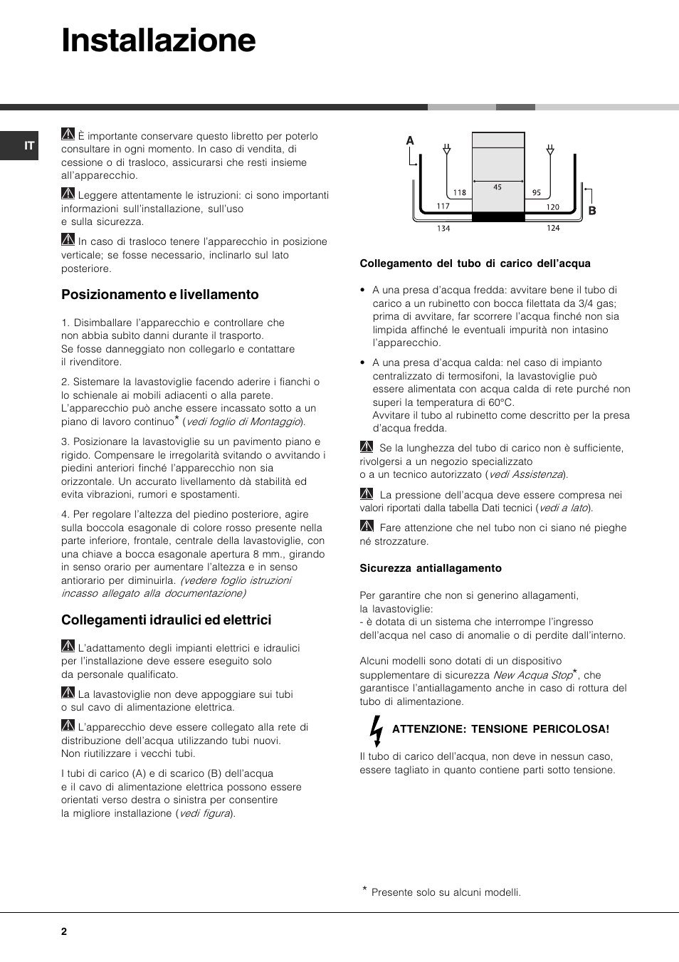 Installazione, Posizionamento e livellamento, Collegamenti idraulici ed elettrici | Hotpoint Ariston LST 328 User Manual | Page 2 / 84
