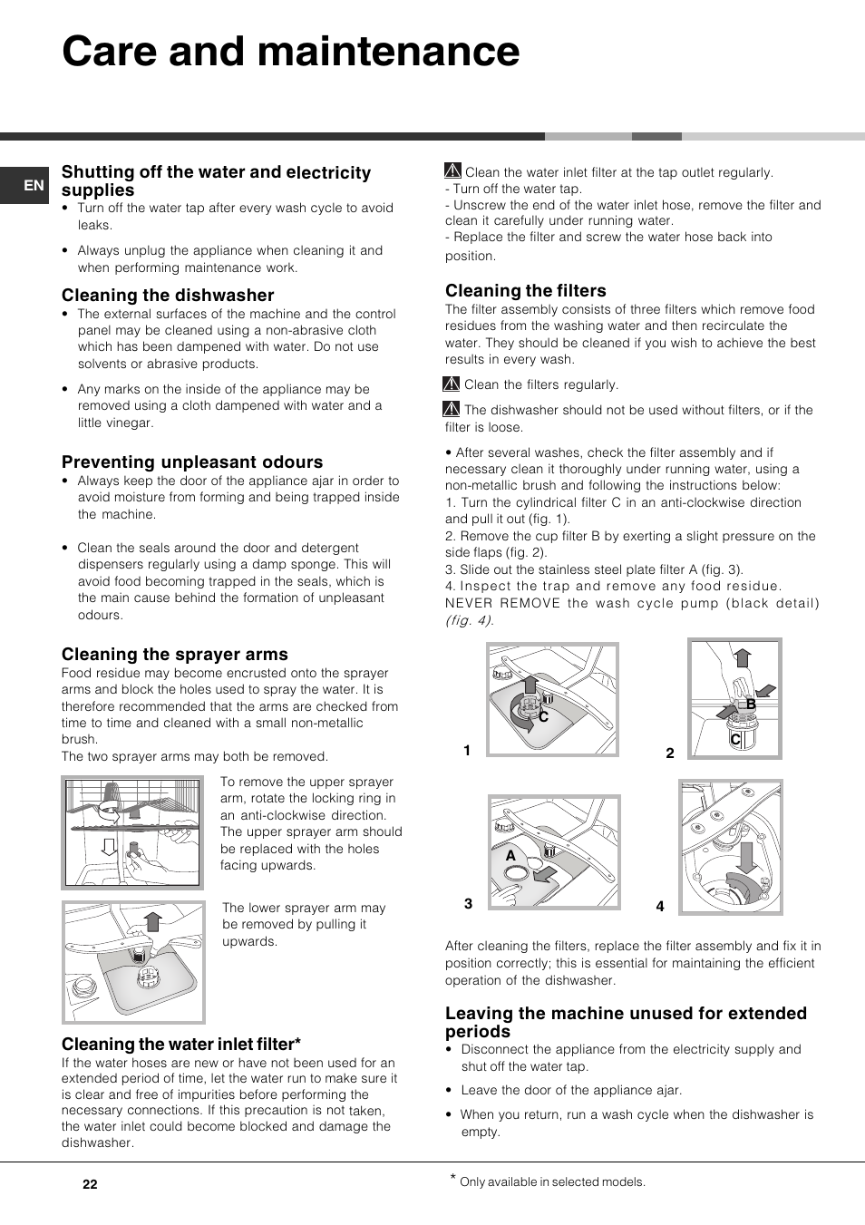 Care and maintenance, Shutting off the water and electricity supplies, Cleaning the dishwasher | Preventing unpleasant odours, Cleaning the sprayer arms, Cleaning the water inlet filter, Cleaning the filters, Leaving the machine unused for extended periods | Hotpoint Ariston LST 328 User Manual | Page 22 / 84