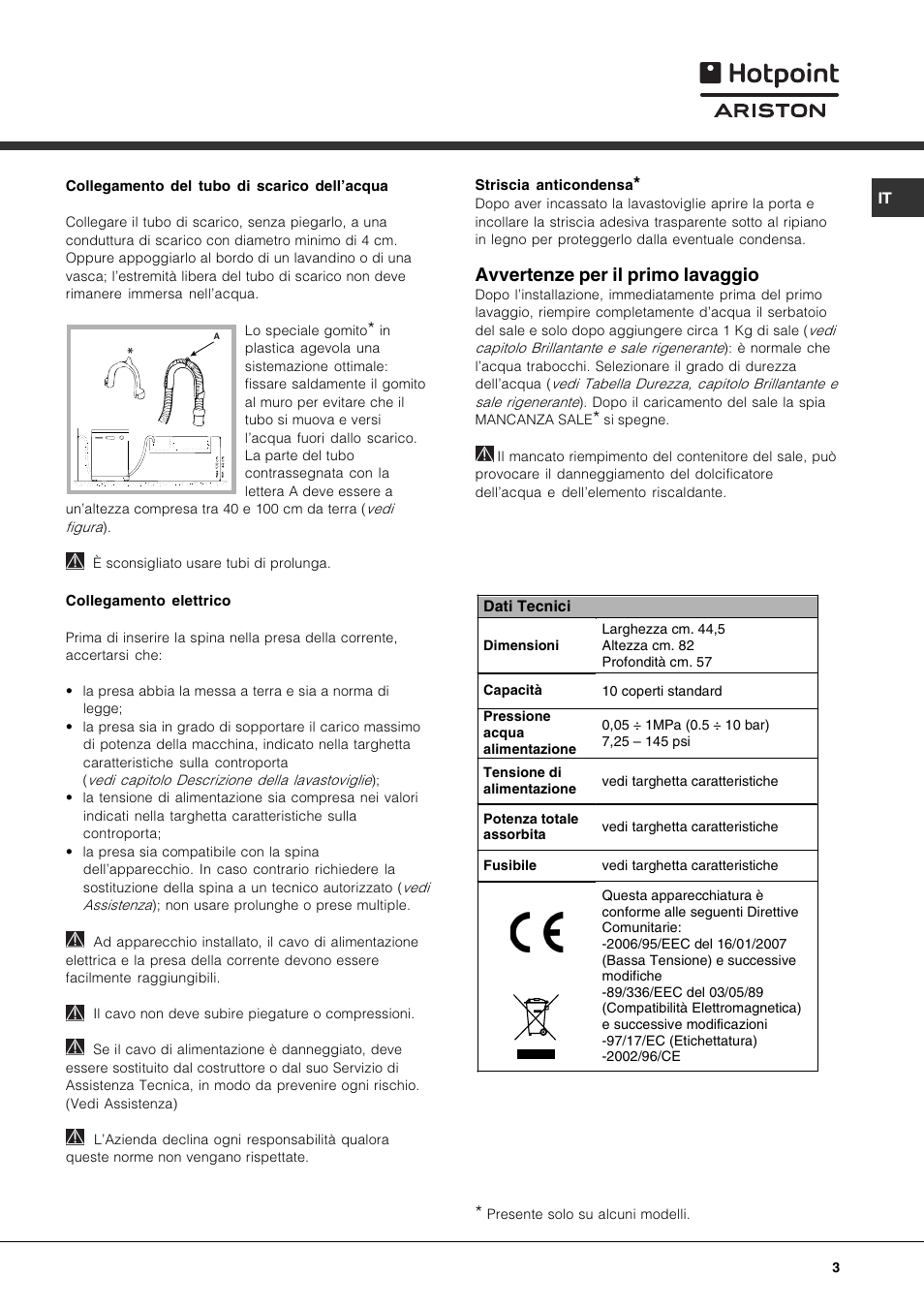 Avvertenze per il primo lavaggio | Hotpoint Ariston LST 328 User Manual | Page 3 / 84