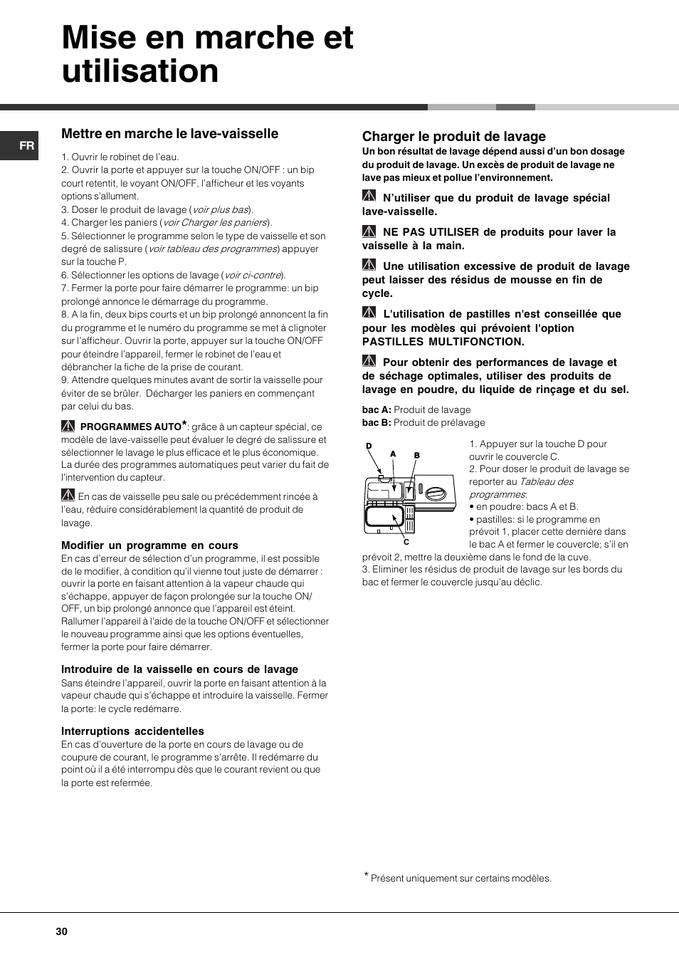 Mise en marche et utilisation, Mettre en marche le lave-vaisselle, Charger le produit de lavage | Hotpoint Ariston LST 328 User Manual | Page 30 / 84