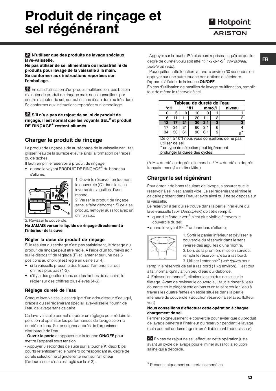 Produit de rinçage et sel régénérant, Charger le produit de rinçage, Charger le sel régénérant | Hotpoint Ariston LST 328 User Manual | Page 33 / 84