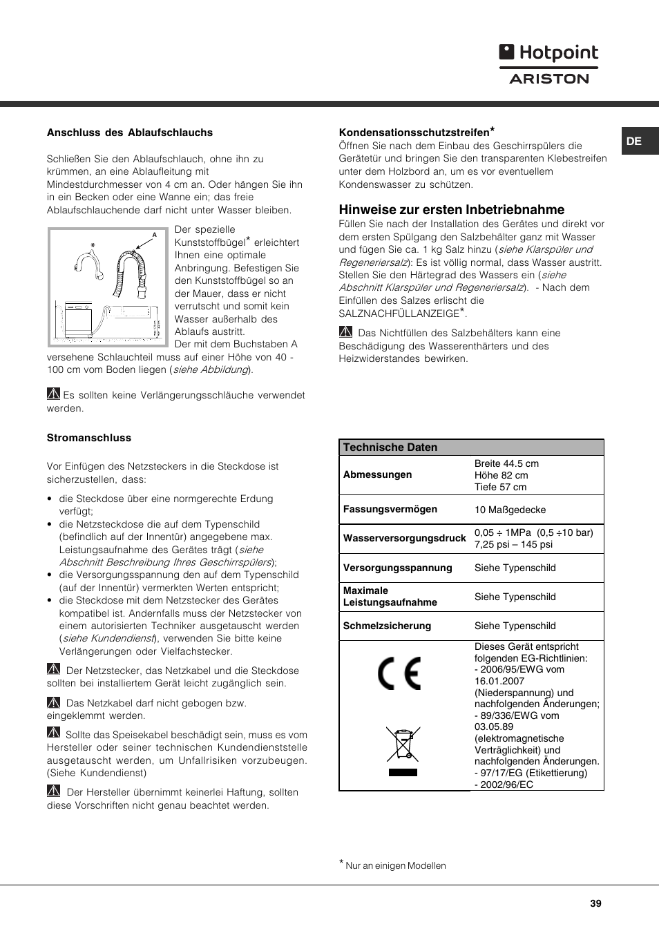Hinweise zur ersten inbetriebnahme | Hotpoint Ariston LST 328 User Manual | Page 39 / 84