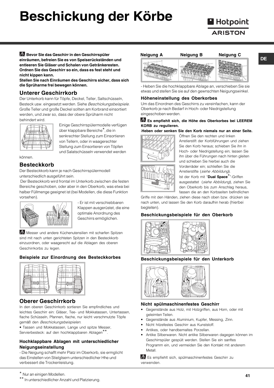 Beschickung der körbe, Unterer geschirrkorb, Besteckkorb | Oberer geschirrkorb | Hotpoint Ariston LST 328 User Manual | Page 41 / 84