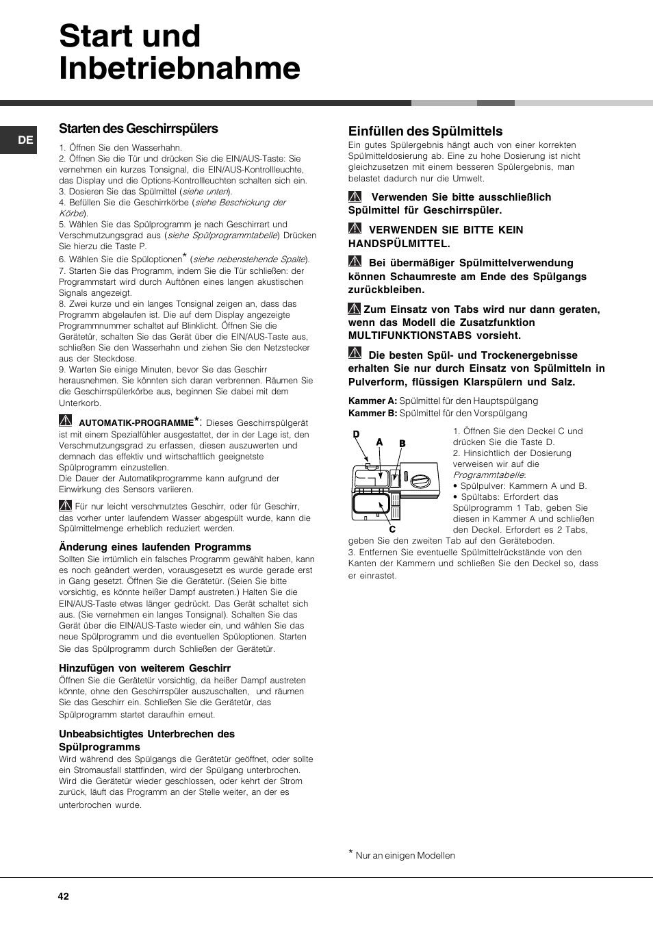 Start und inbetriebnahme, Starten des geschirrspülers, Einfüllen des spülmittels | Hotpoint Ariston LST 328 User Manual | Page 42 / 84