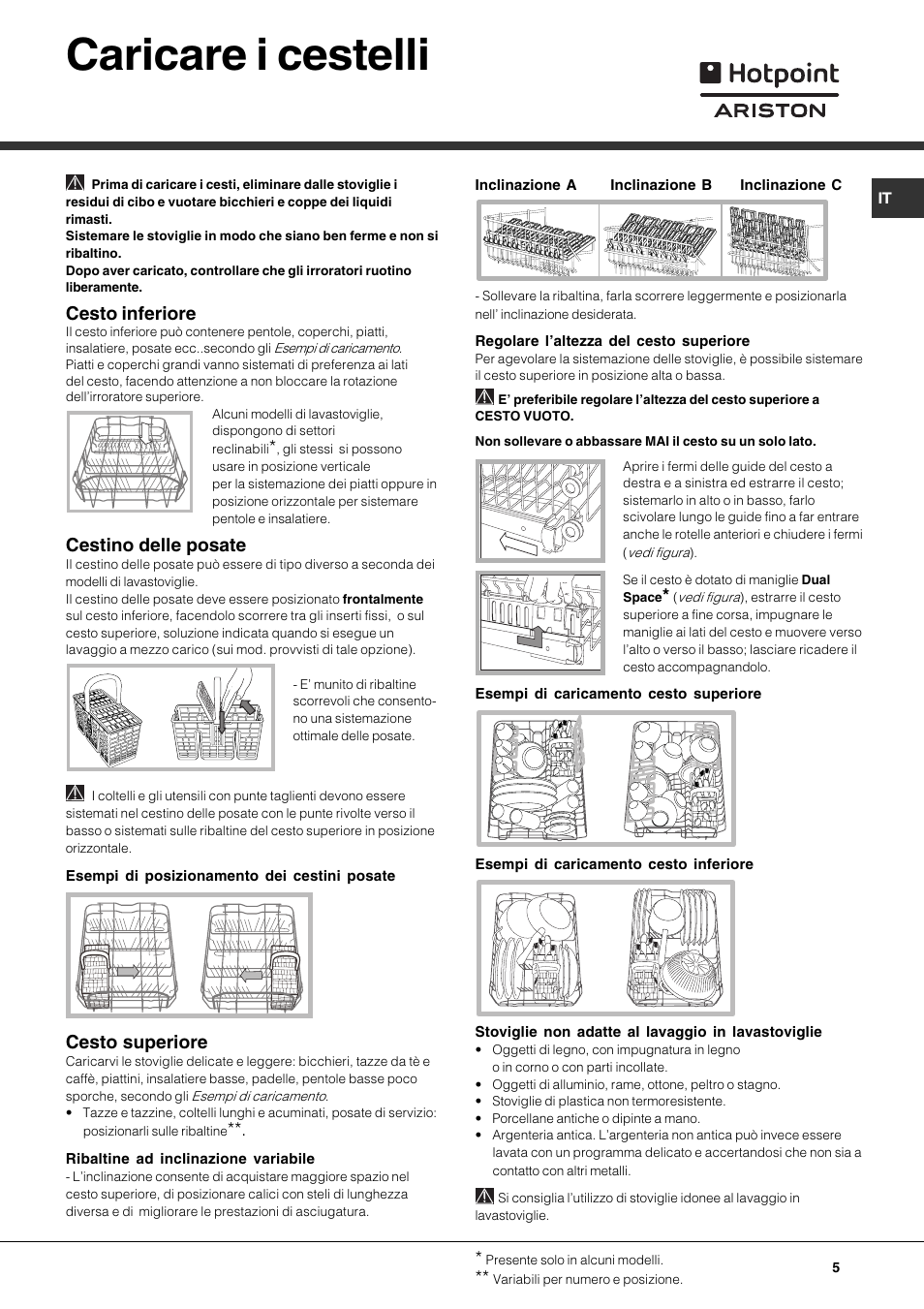 Caricare i cestelli, Cesto inferiore, Cestino delle posate | Cesto superiore | Hotpoint Ariston LST 328 User Manual | Page 5 / 84