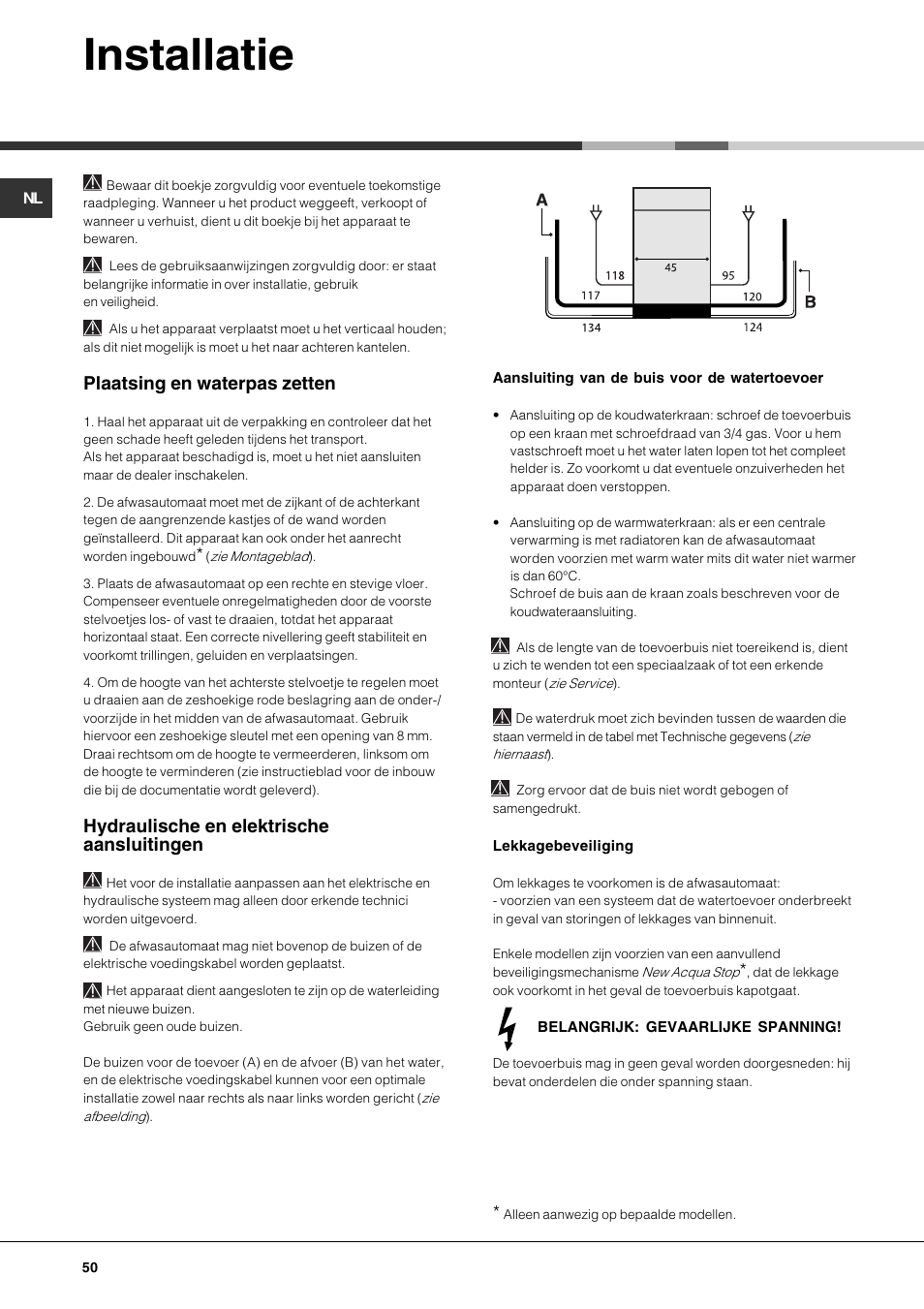 Installatie, Plaatsing en waterpas zetten, Hydraulische en elektrische aansluitingen | Hotpoint Ariston LST 328 User Manual | Page 50 / 84