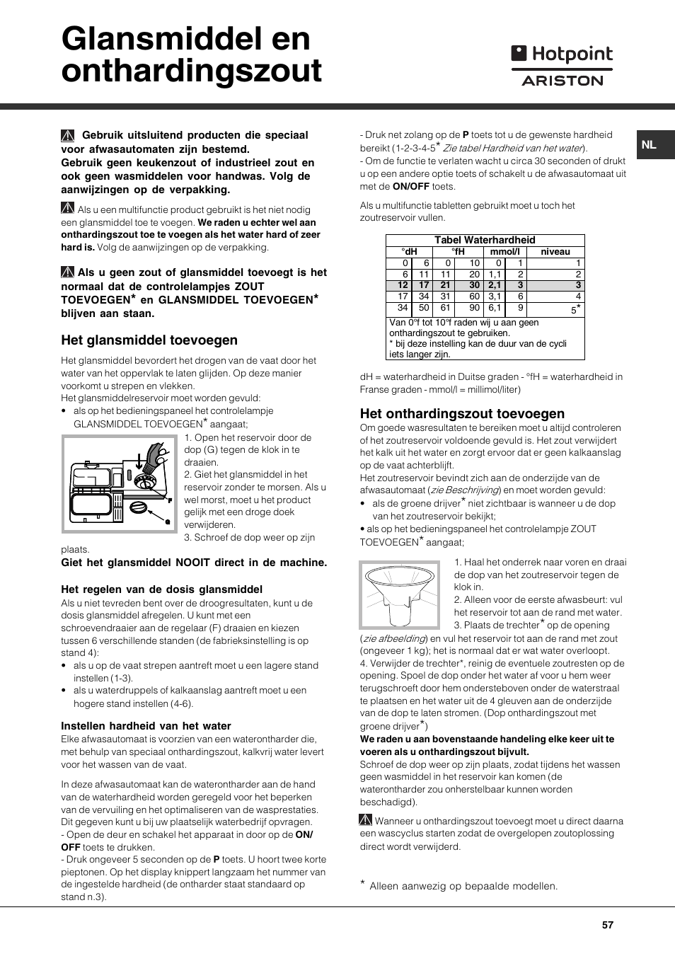 Glansmiddel en onthardingszout, Het glansmiddel toevoegen, Het onthardingszout toevoegen | Hotpoint Ariston LST 328 User Manual | Page 57 / 84