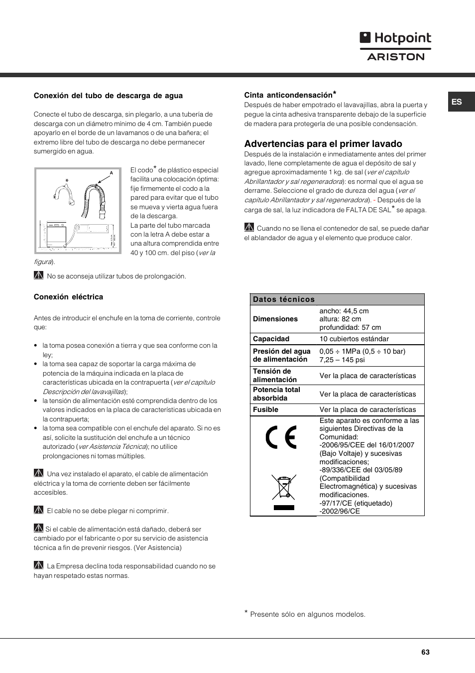 Advertencias para el primer lavado | Hotpoint Ariston LST 328 User Manual | Page 63 / 84
