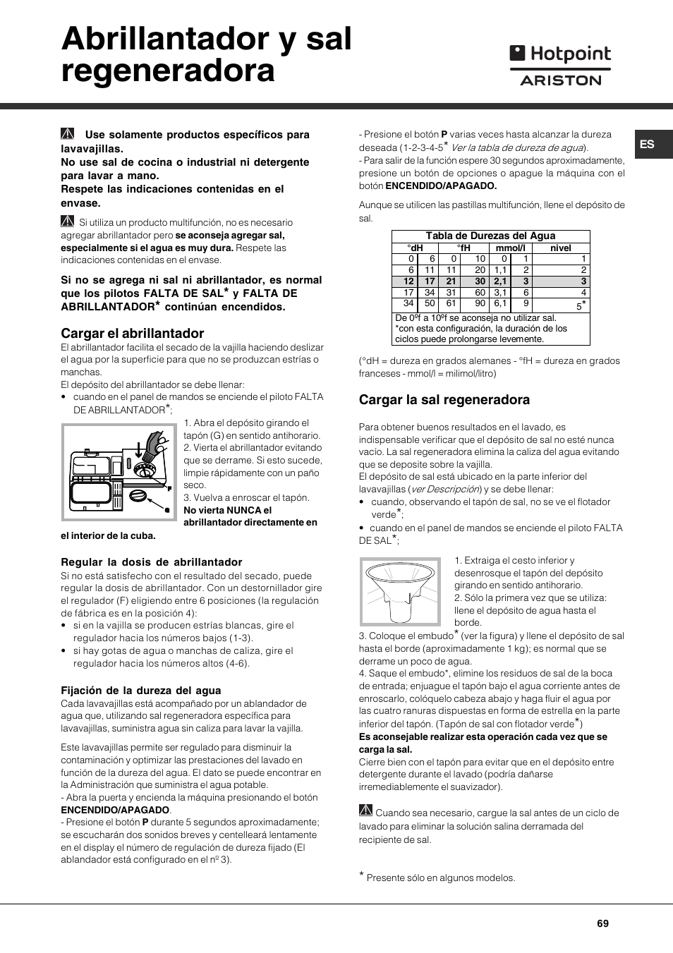 Abrillantador y sal regeneradora, Cargar el abrillantador, Cargar la sal regeneradora | Hotpoint Ariston LST 328 User Manual | Page 69 / 84