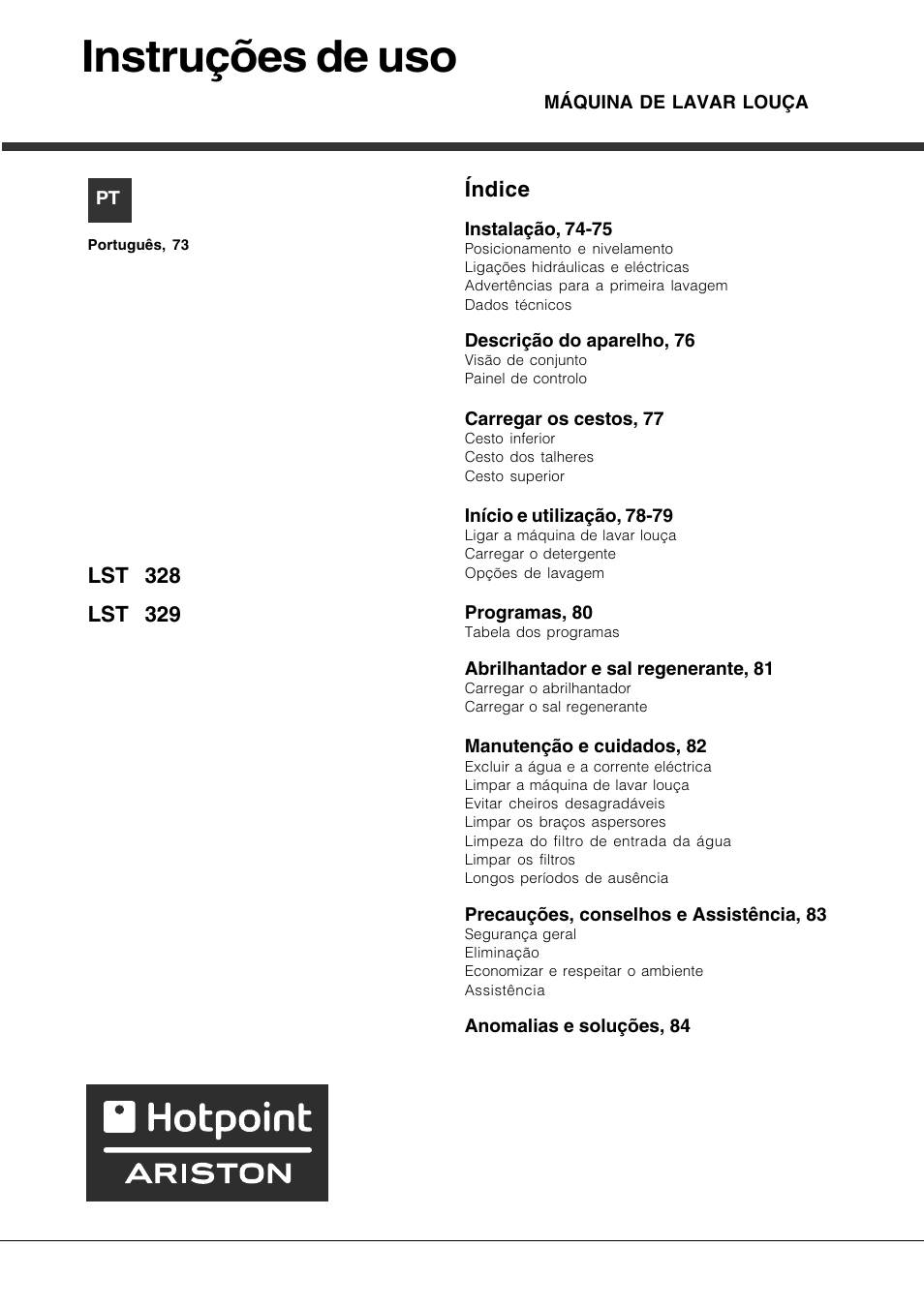 Instruções de uso, Índice | Hotpoint Ariston LST 328 User Manual | Page 73 / 84