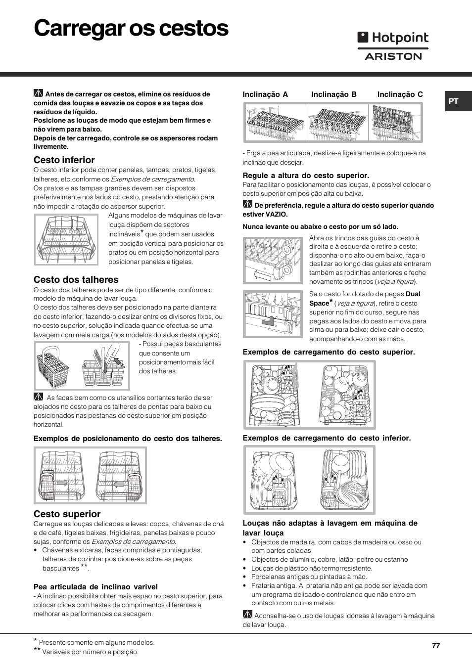 Carregar os cestos, Cesto inferior, Cesto dos talheres | Cesto superior | Hotpoint Ariston LST 328 User Manual | Page 77 / 84