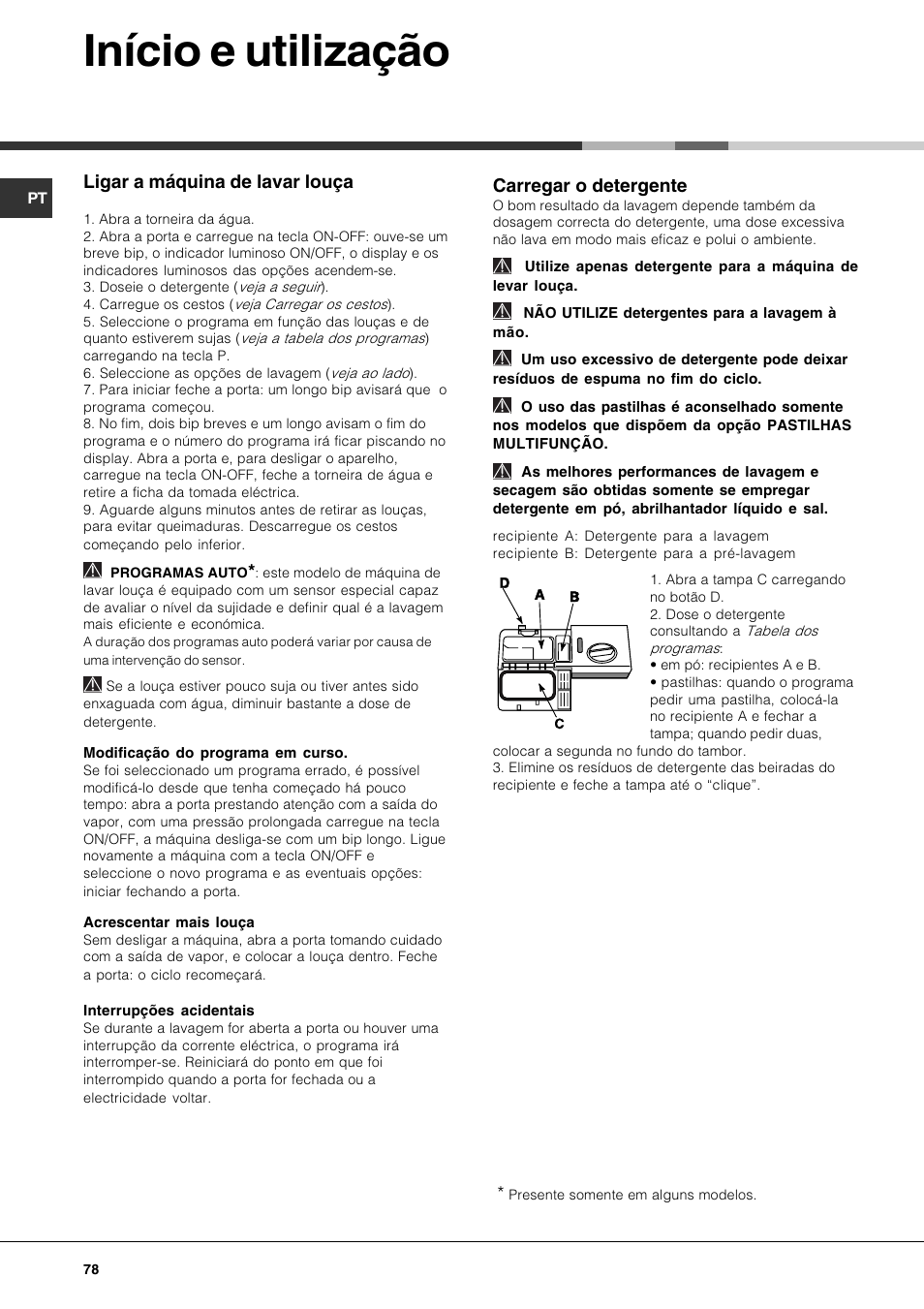 Início e utilização, Ligar a máquina de lavar louça, Carregar o detergente | Hotpoint Ariston LST 328 User Manual | Page 78 / 84