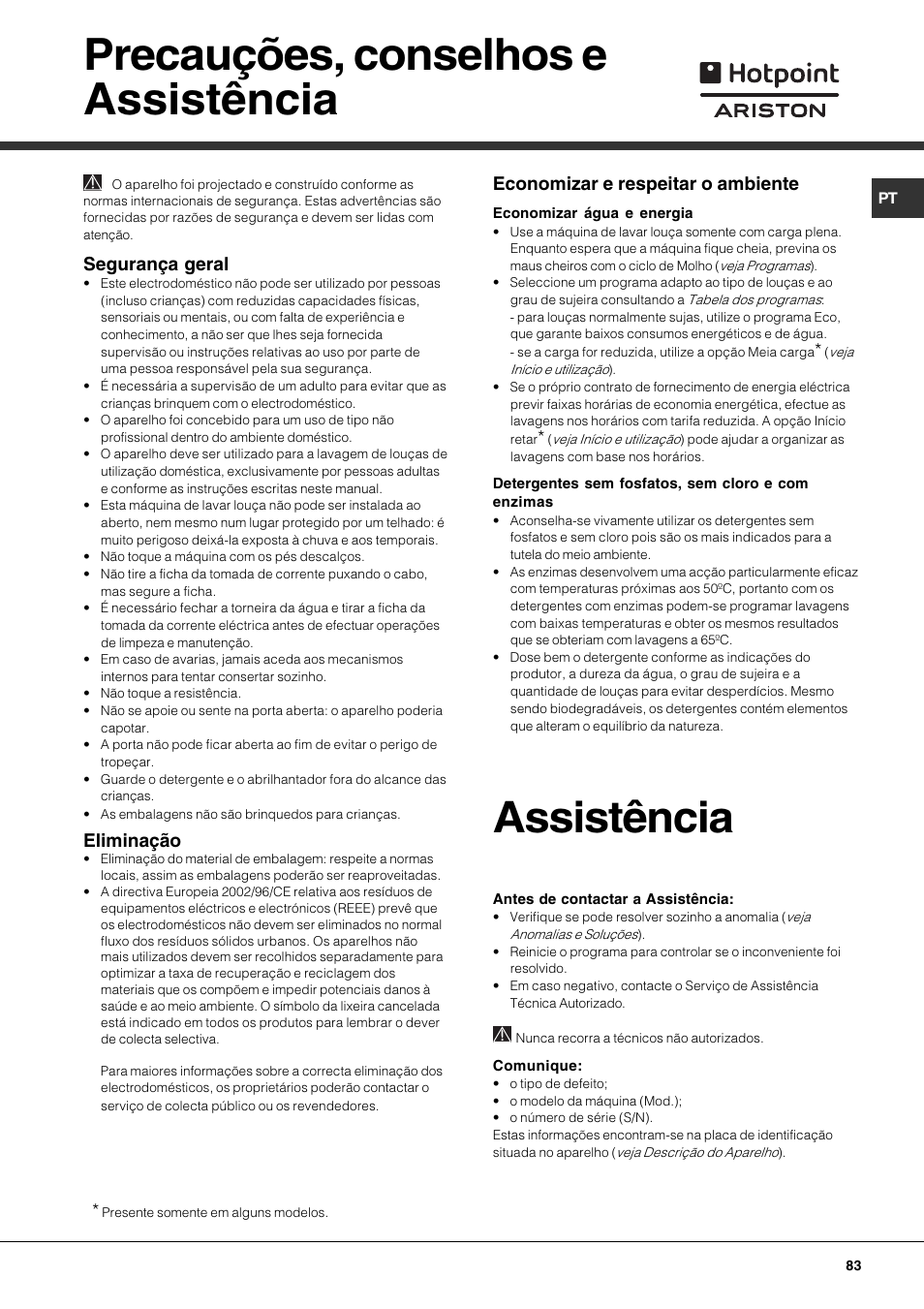 Precauções, conselhos e assistência, Assistência, Segurança geral | Eliminação, Economizar e respeitar o ambiente | Hotpoint Ariston LST 328 User Manual | Page 83 / 84