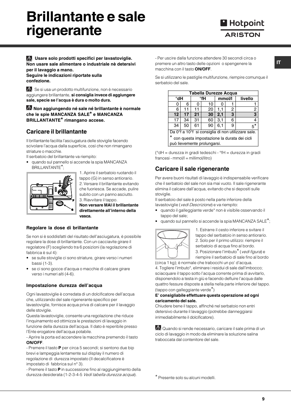 Brillantante e sale rigenerante, Caricare il brillantante, Caricare il sale rigenerante | Hotpoint Ariston LST 328 User Manual | Page 9 / 84