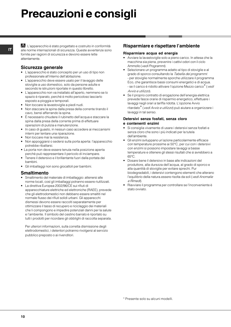 Precauzioni e consigli, Sicurezza generale, Smaltimento | Risparmiare e rispettare lambiente | Hotpoint Ariston LST 116 HA User Manual | Page 10 / 84