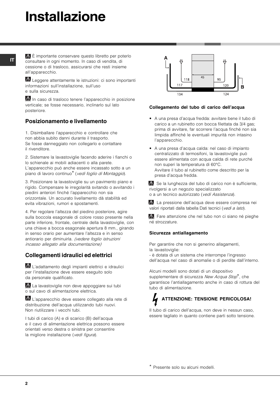 Installazione, Posizionamento e livellamento, Collegamenti idraulici ed elettrici | Hotpoint Ariston LST 116 HA User Manual | Page 2 / 84