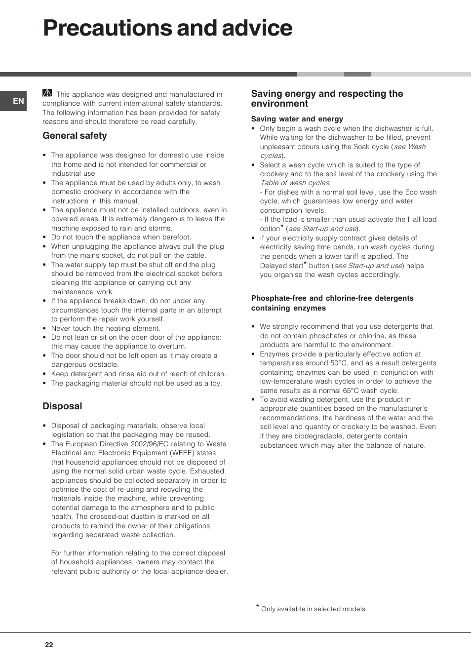 Precautions and advice, General safety, Disposal | Saving energy and respecting the environment | Hotpoint Ariston LST 116 HA User Manual | Page 22 / 84