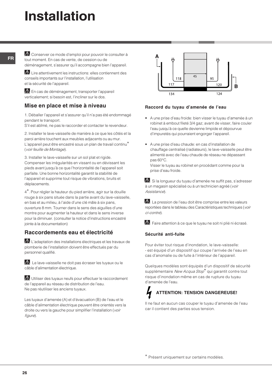 Installation, Mise en place et mise à niveau, Raccordements eau et électricité | Hotpoint Ariston LST 116 HA User Manual | Page 26 / 84