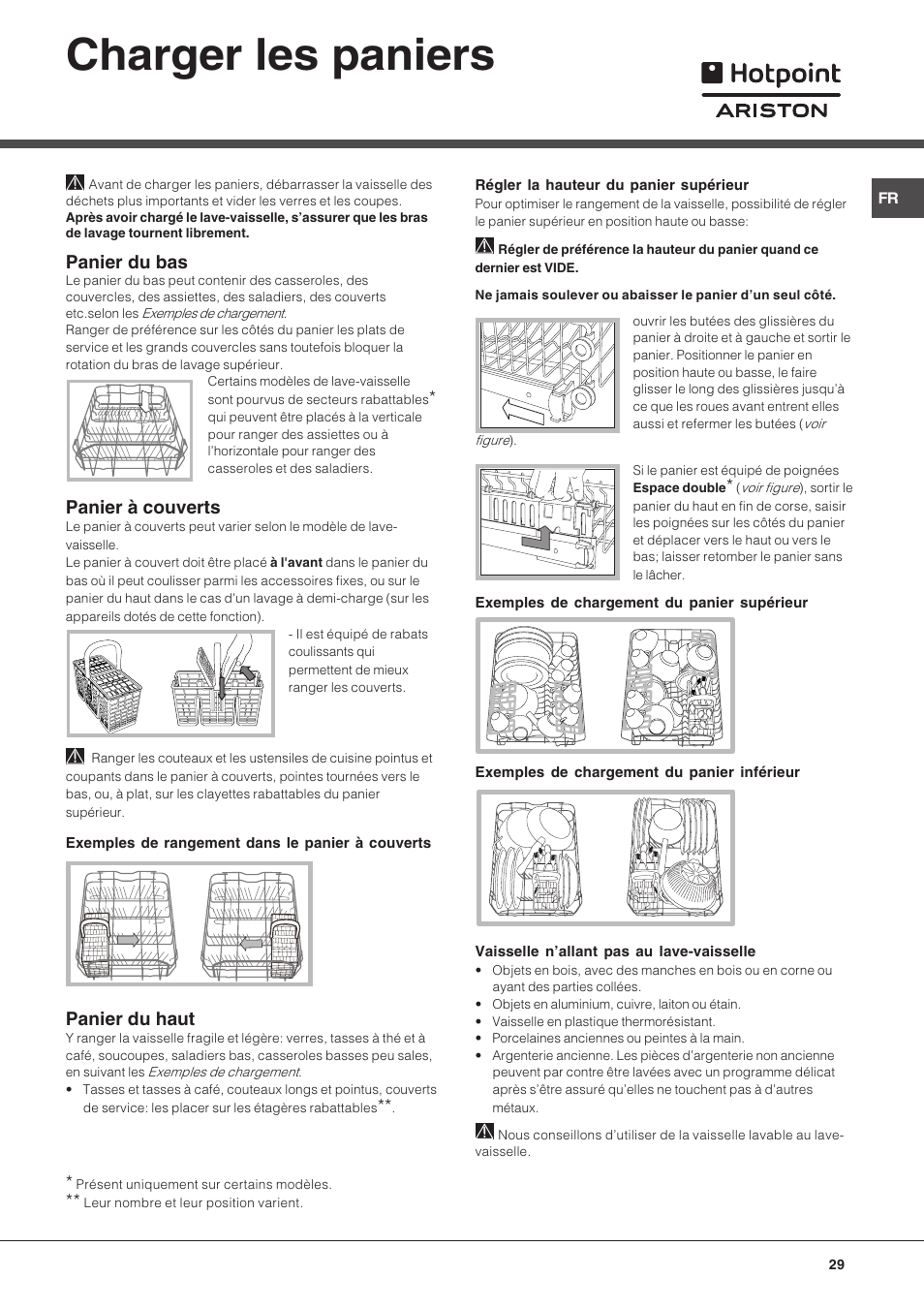 Charger les paniers, Panier du bas, Panier à couverts | Panier du haut | Hotpoint Ariston LST 116 HA User Manual | Page 29 / 84