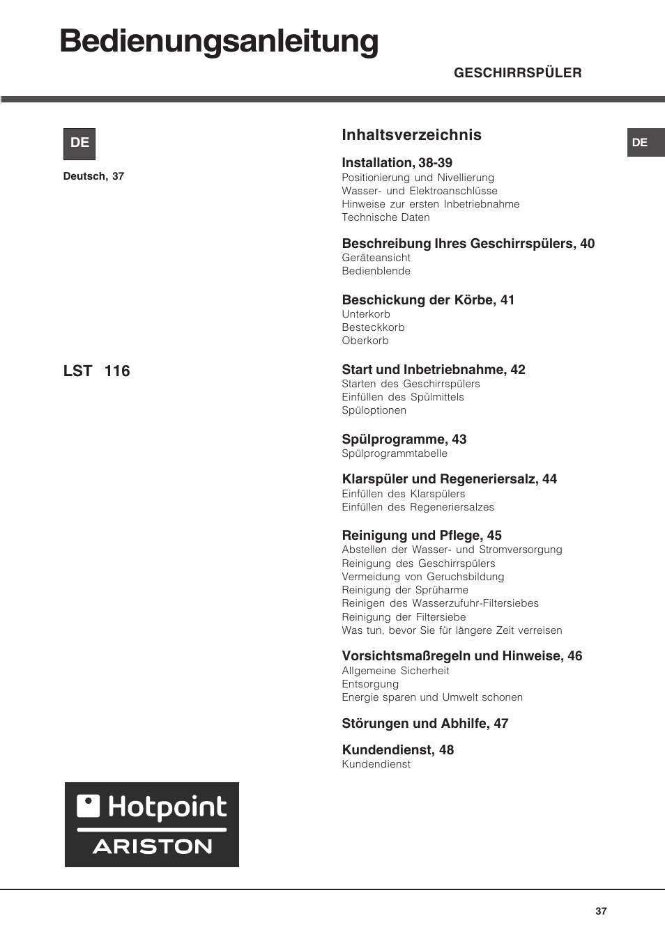 Hotpoint Ariston LST 116 HA User Manual | Page 37 / 84