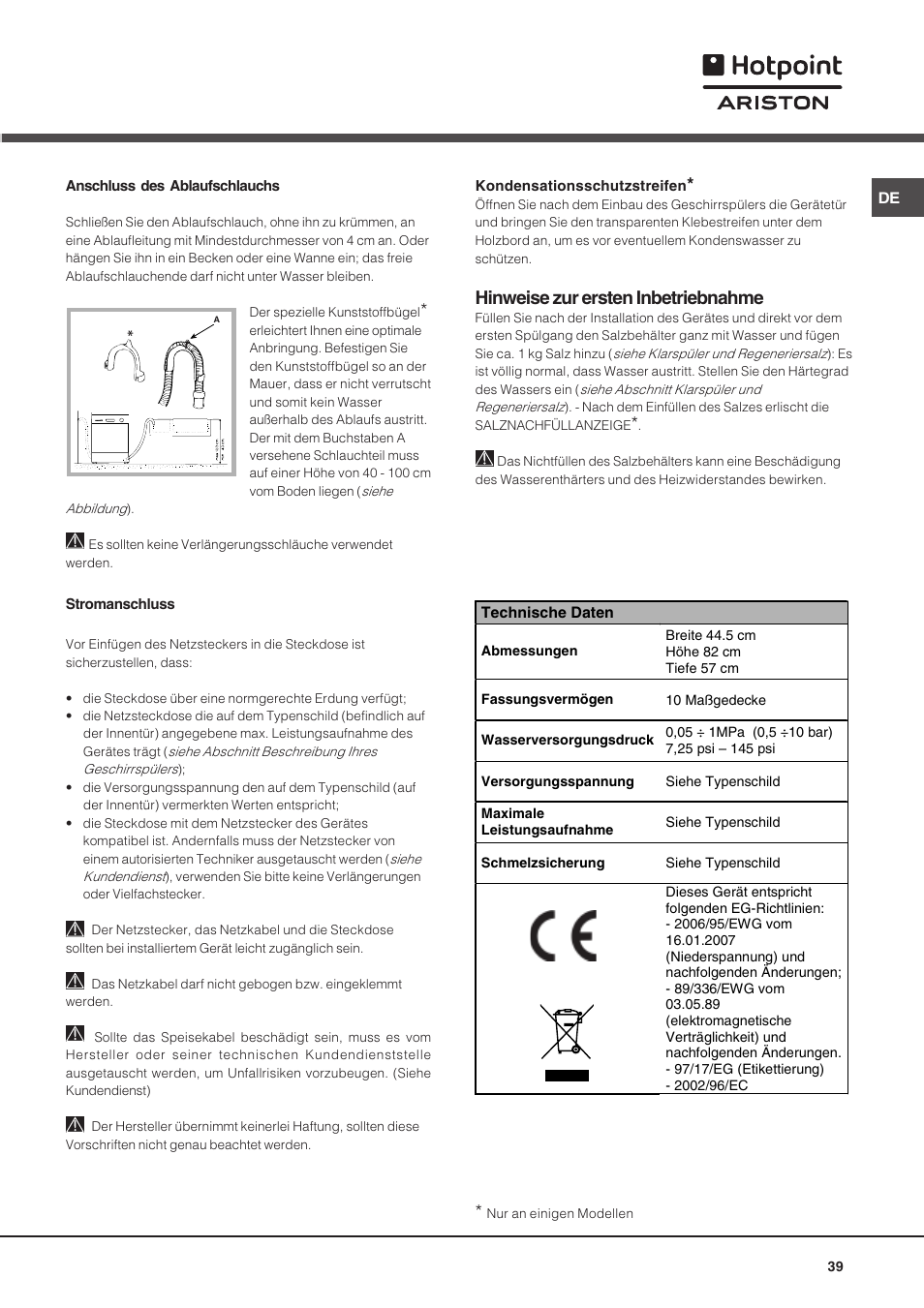 Hinweise zur ersten inbetriebnahme | Hotpoint Ariston LST 116 HA User Manual | Page 39 / 84