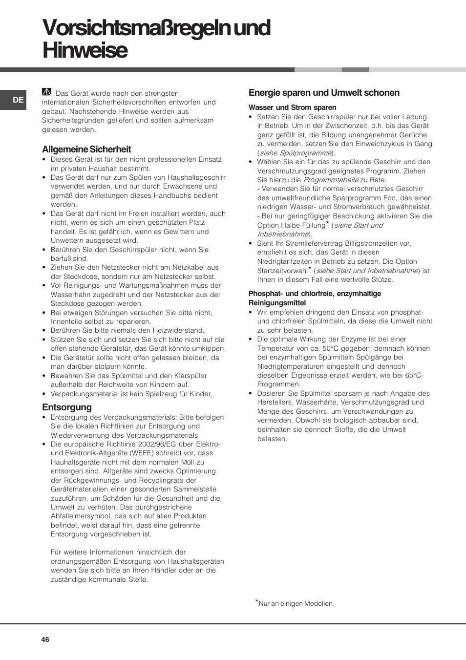 Vorsichtsmaßregeln und hinweise, Allgemeine sicherheit, Entsorgung | Energie sparen und umwelt schonen | Hotpoint Ariston LST 116 HA User Manual | Page 46 / 84